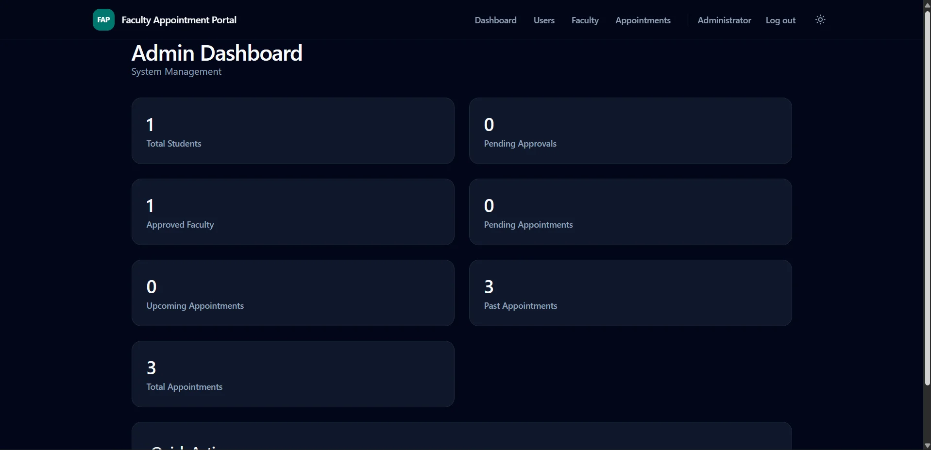 Admin dashboard: total students, pending faculty approvals, approved faculty, and pending, upcoming, past and total appointments.
