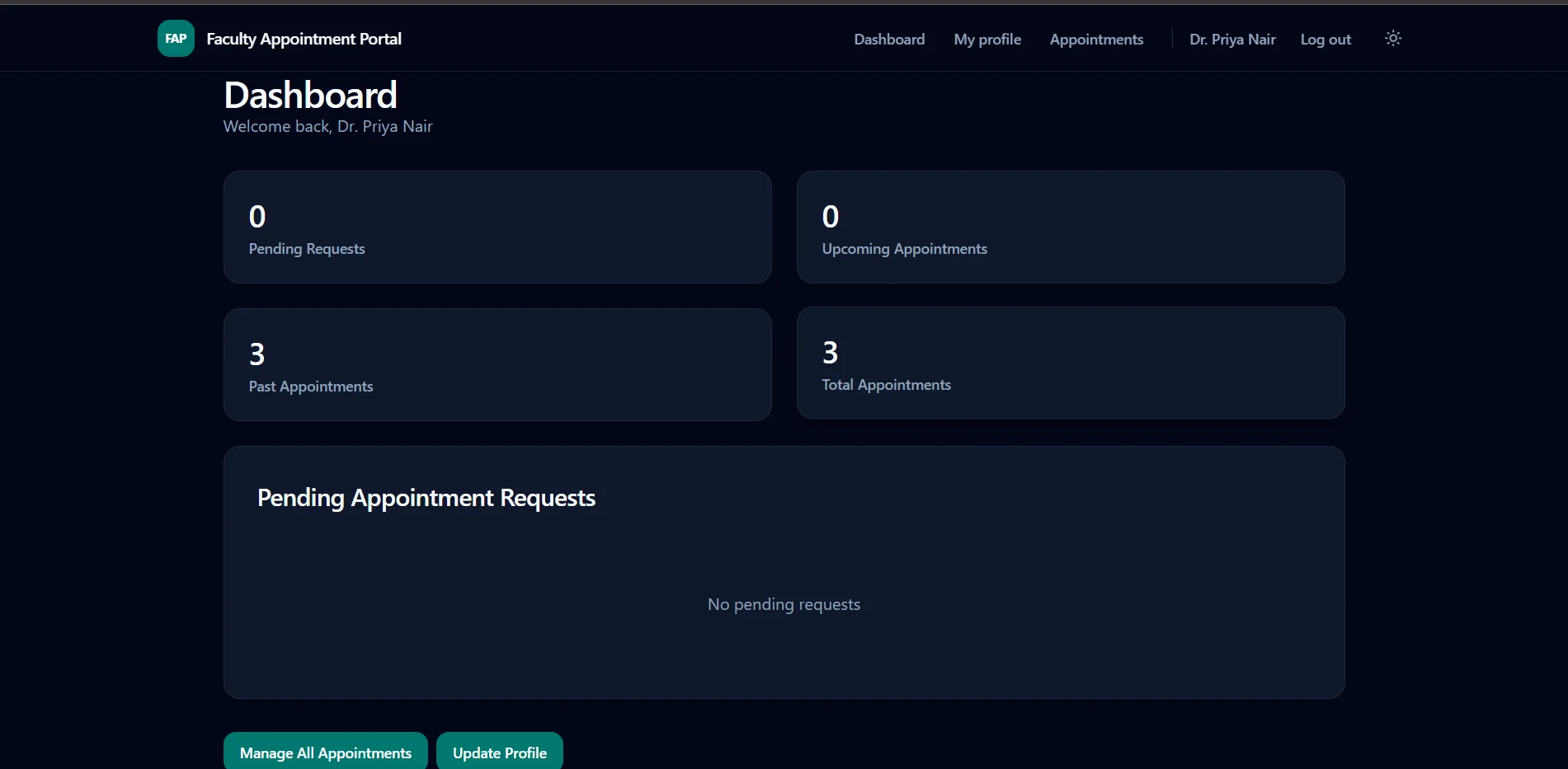 Faculty dashboard: pending requests, upcoming, past and total appointments, a pending requests list, and buttons to manage appointments and update the profile.